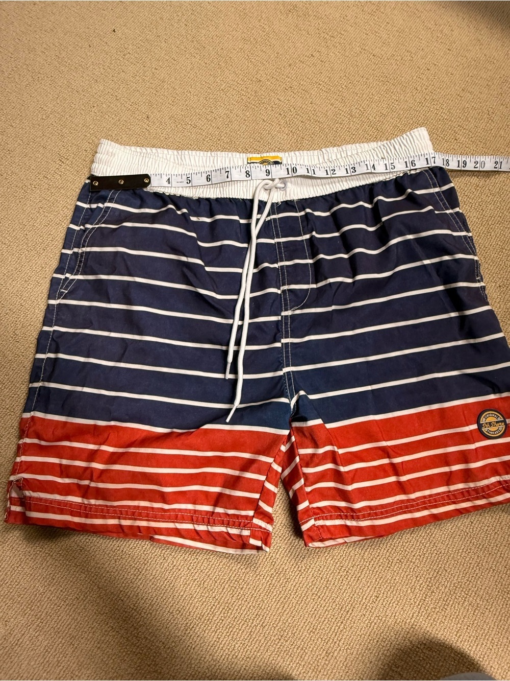 Striped Navy and Red Men's Swim Trunks with Drawstring Waist - 90s cut